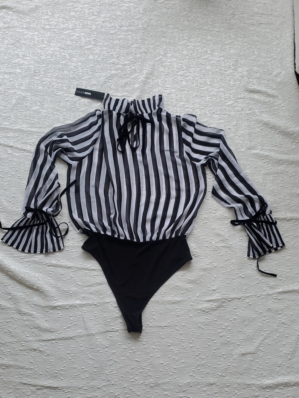 Fashion Nova Black and White Striped Long Sleeve Bodysuit